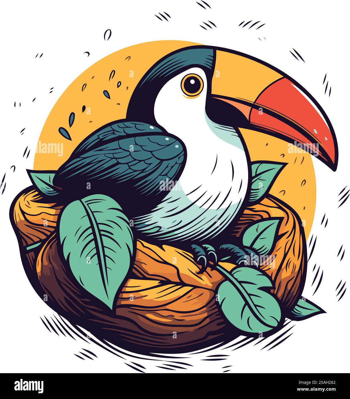 Toucan seduto sul nido con delle foglie. Illustrazione vettoriale. Illustrazione Vettoriale