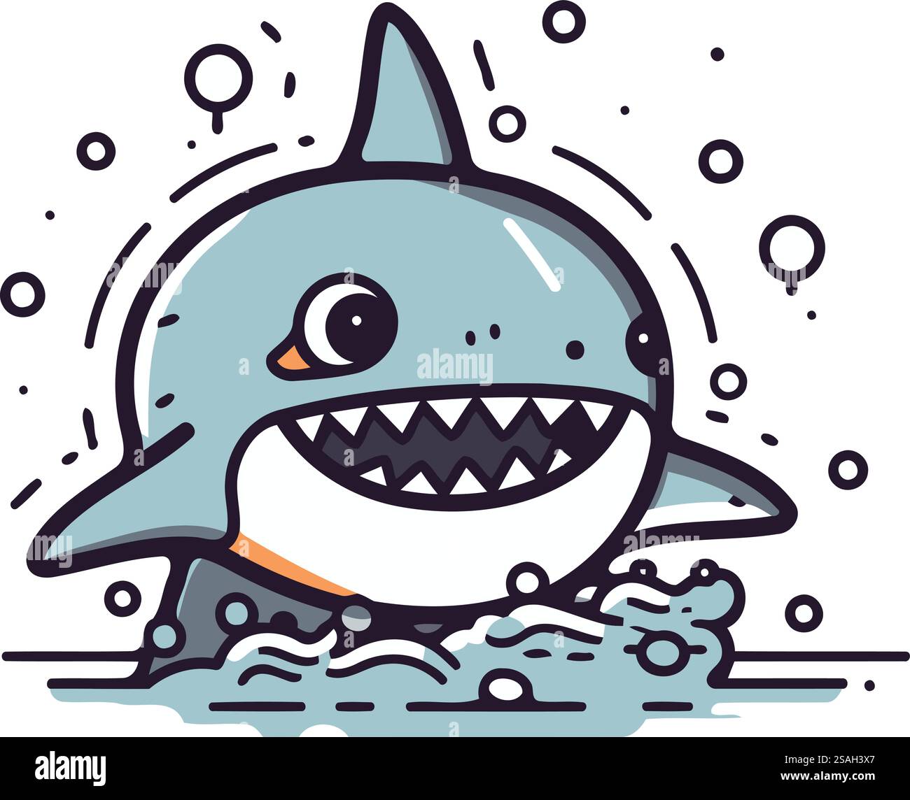 Simpatico squalo da cartone animato che nuota nel mare. Illustrazione vettoriale. piatto. Illustrazione Vettoriale