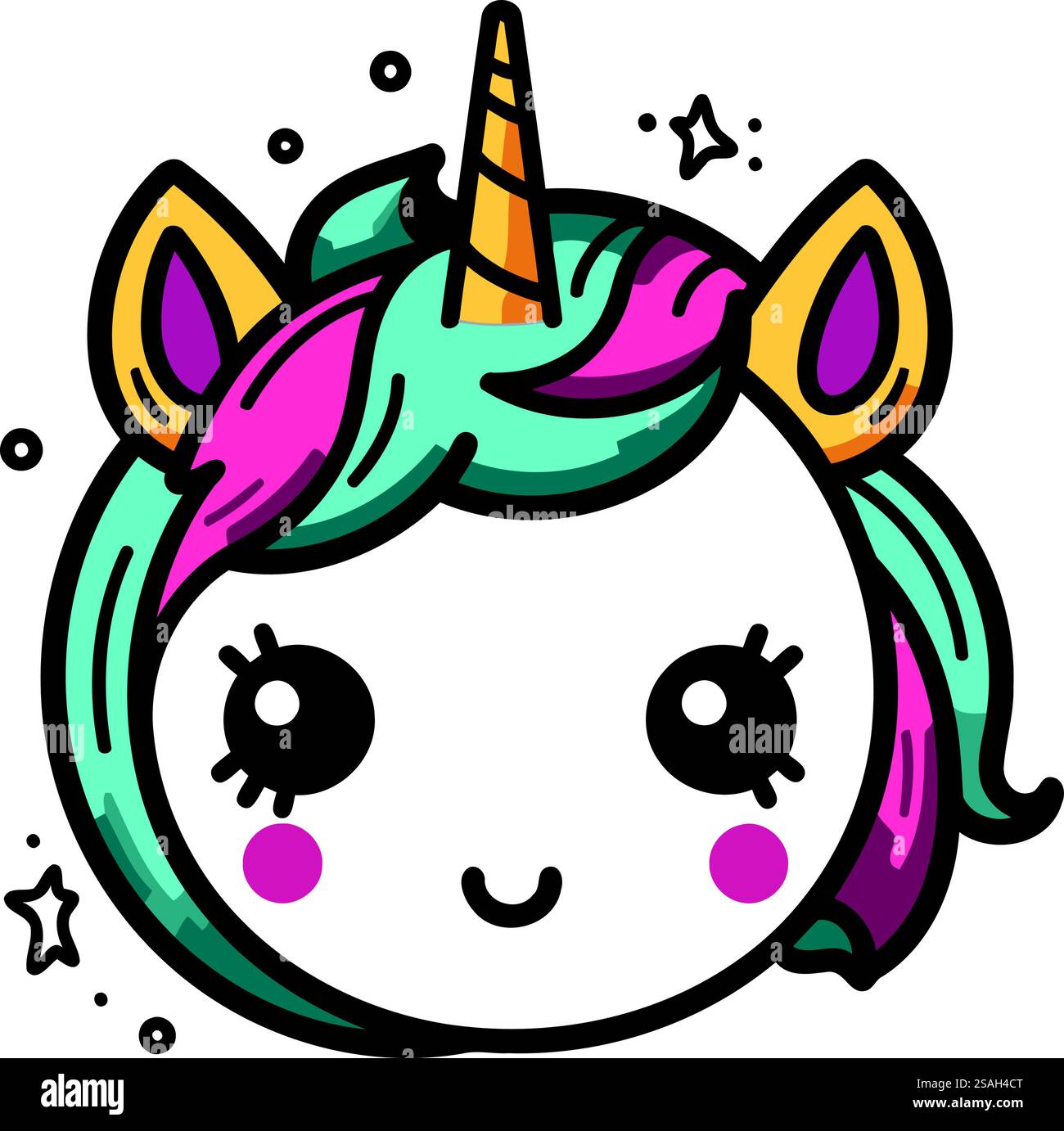 Carino faccia da unicorno dei cartoni animati. Illustrazione vettoriale isolata su sfondo bianco. Illustrazione Vettoriale