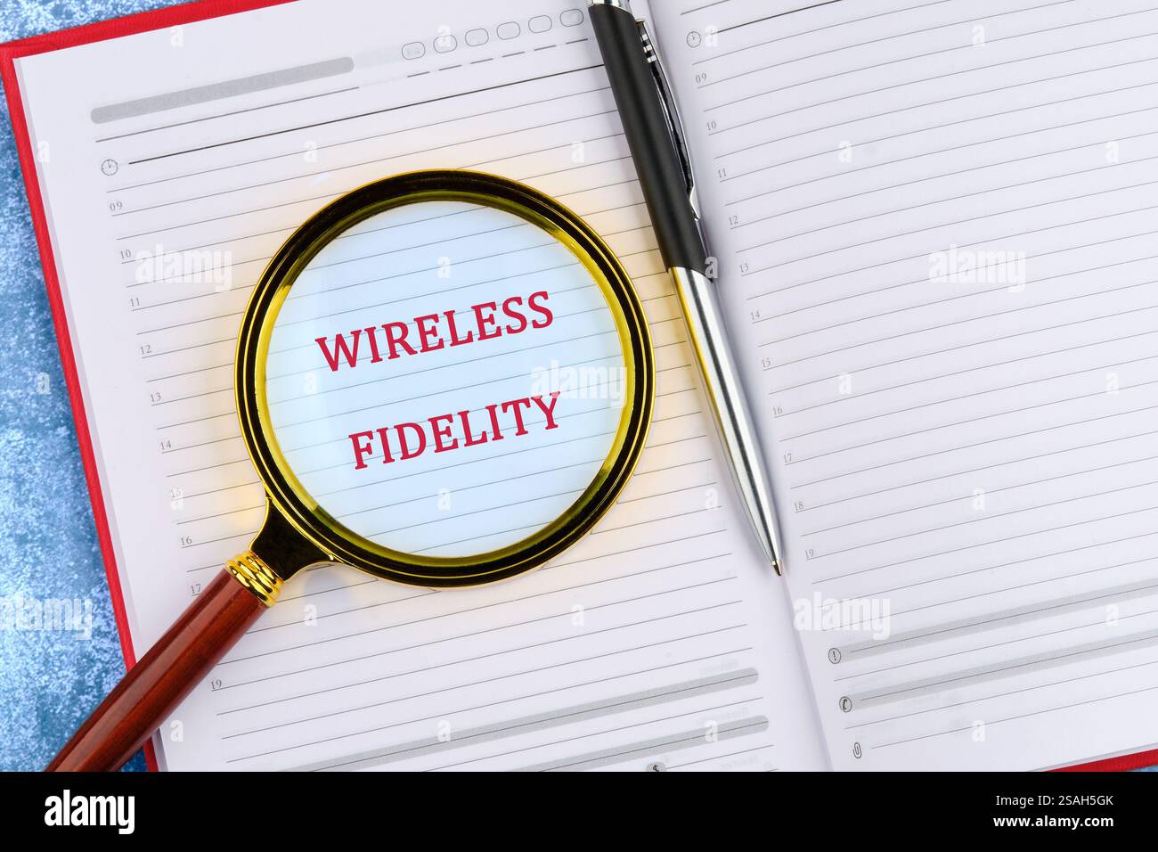 Rappresentazione concettuale della tecnologia di fedeltà wireless in un ambiente aziendale con simboli e testo relativi alla connettività. Foto Stock