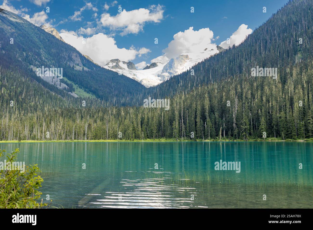Il lago Lower Joffre offre offre acque glaciali turchesi, circondate da foreste sempreverdi e vette innevate sotto il cielo estivo blu Foto Stock