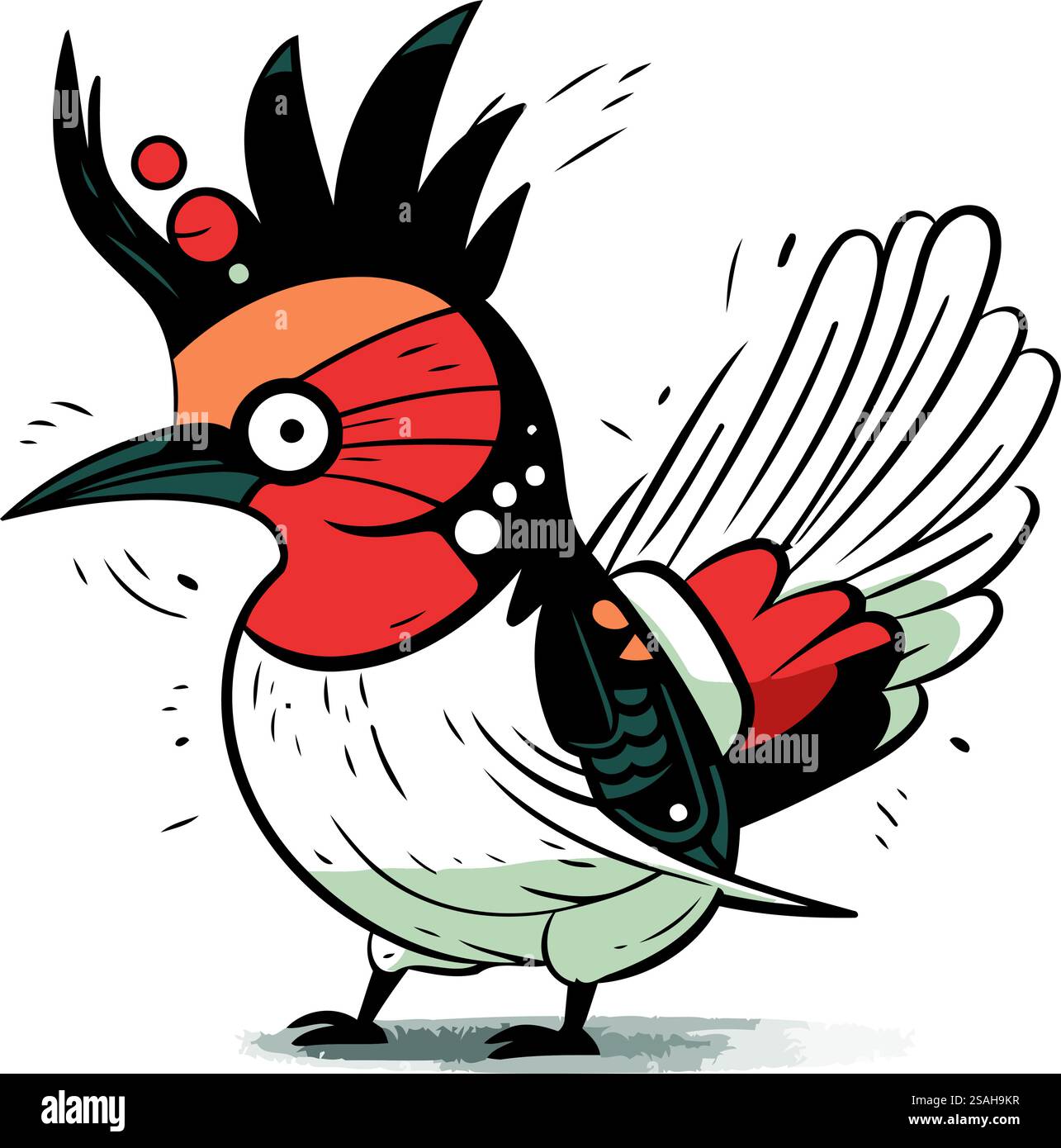 illustrazione a cartoni animati di un uccello rosso e nero con le ali aperte Illustrazione Vettoriale