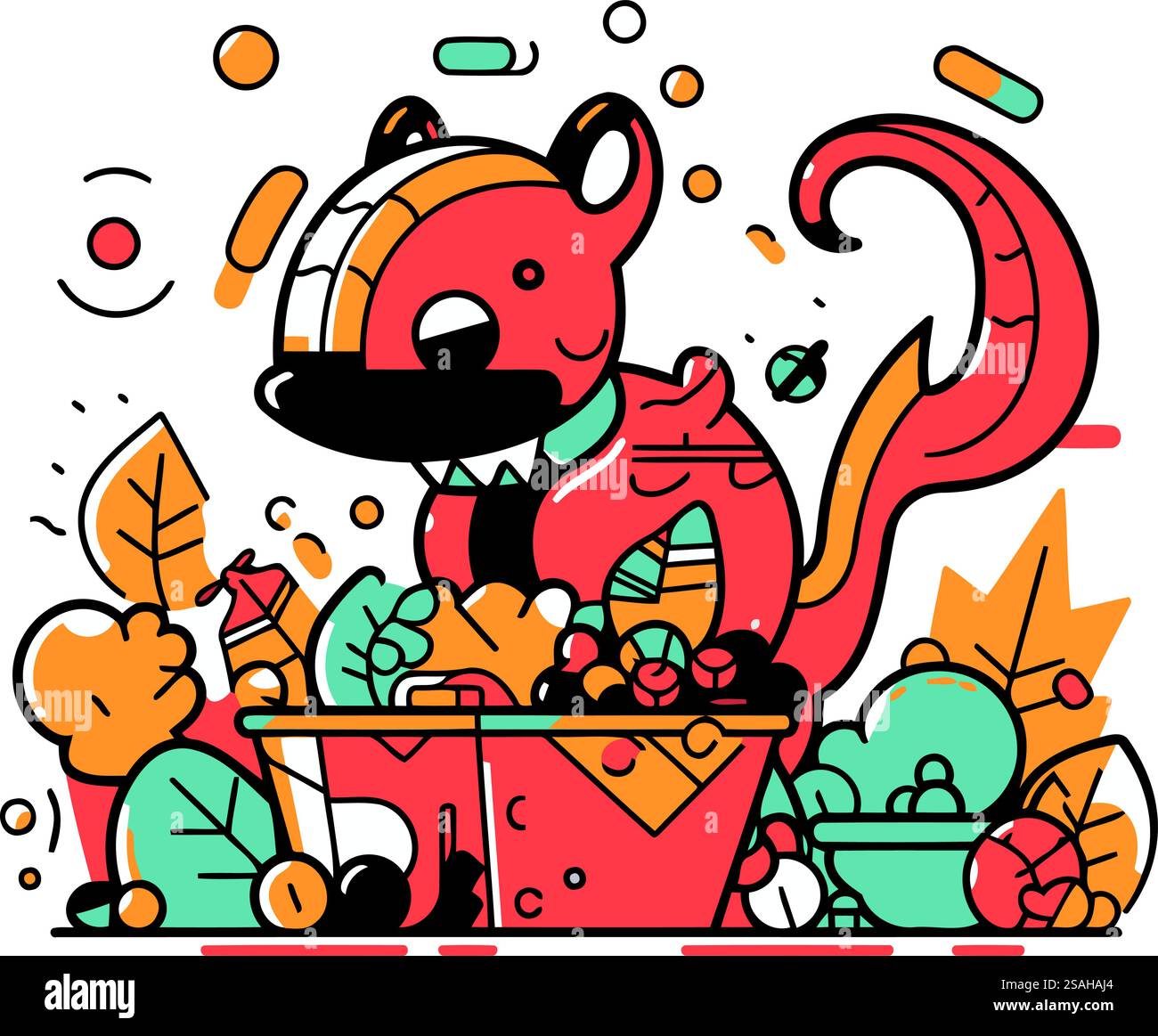 Illustrazione vettoriale in stile lineare piatto con simpatici gatti dei cartoni animati e foglie autunnali. Illustrazione Vettoriale