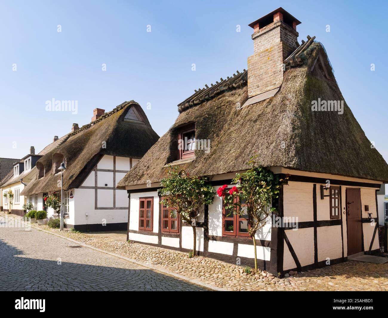 Case a graticcio con tetti di paglia nel villaggio storico di Maasholm, Schleswig-Holstein, Germania Foto Stock