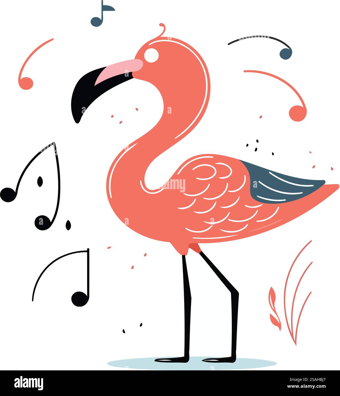 Flamingo con note musicali. Illustrazione vettoriale in stile piatto. Illustrazione Vettoriale