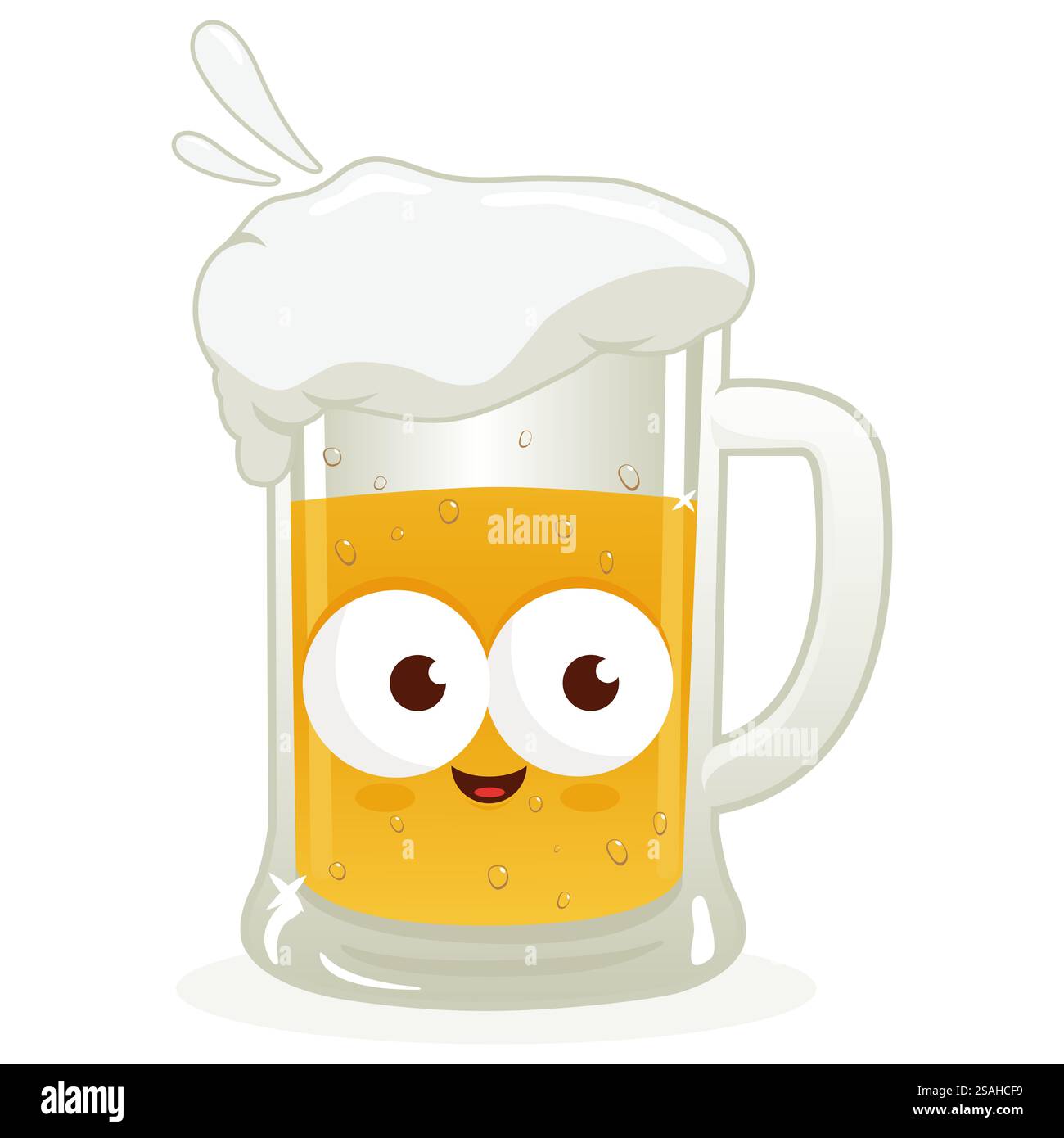 Personaggio della birra cartoni animati. Bicchiere di birra. Mascotte di birra lager fredda con schiuma su sfondo bianco. Foto Stock