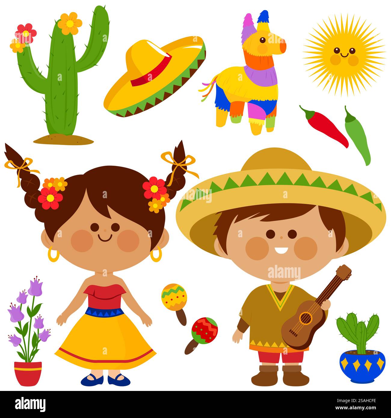 Collezione di feste messicane per bambini. Set per la festa dei pinata. Cartoni animati per bambini, ragazzi e ragazze con costumi tradizionali e sombrero, festa Cinco de Mayo Foto Stock