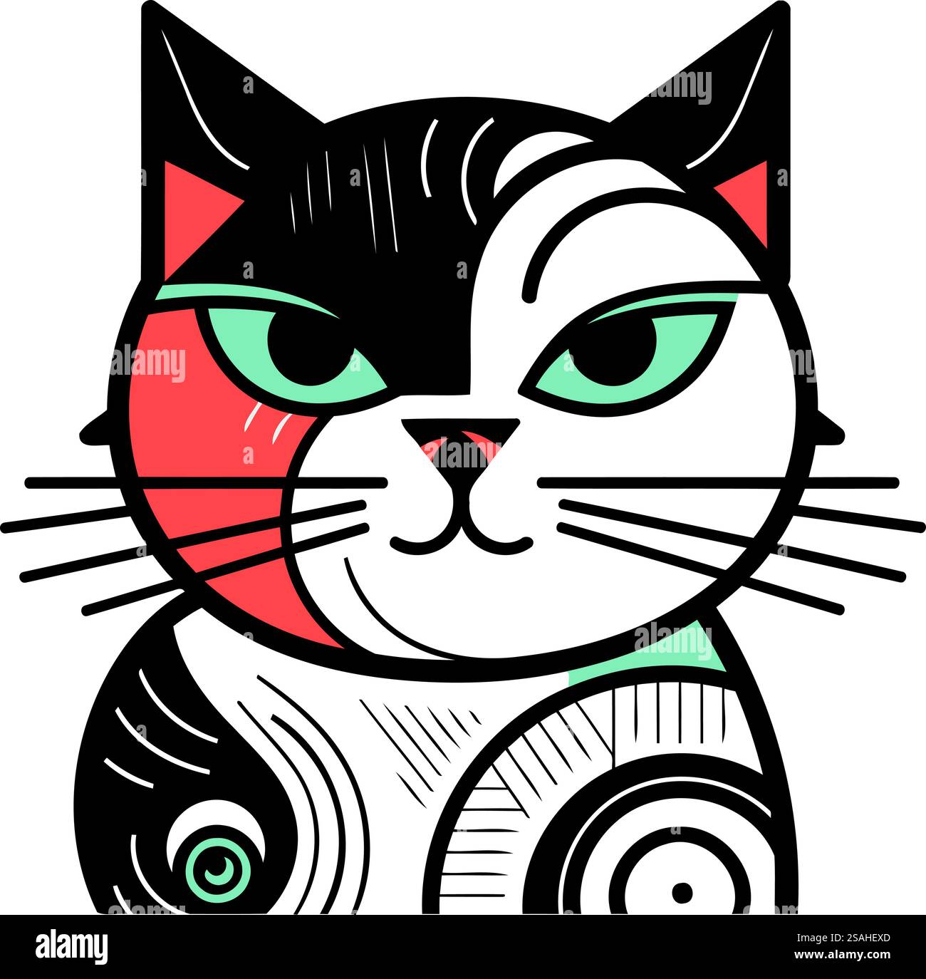 Illustrazione vettoriale della faccia carina del gatto in stile piatto. Isolato su sfondo bianco. Illustrazione Vettoriale