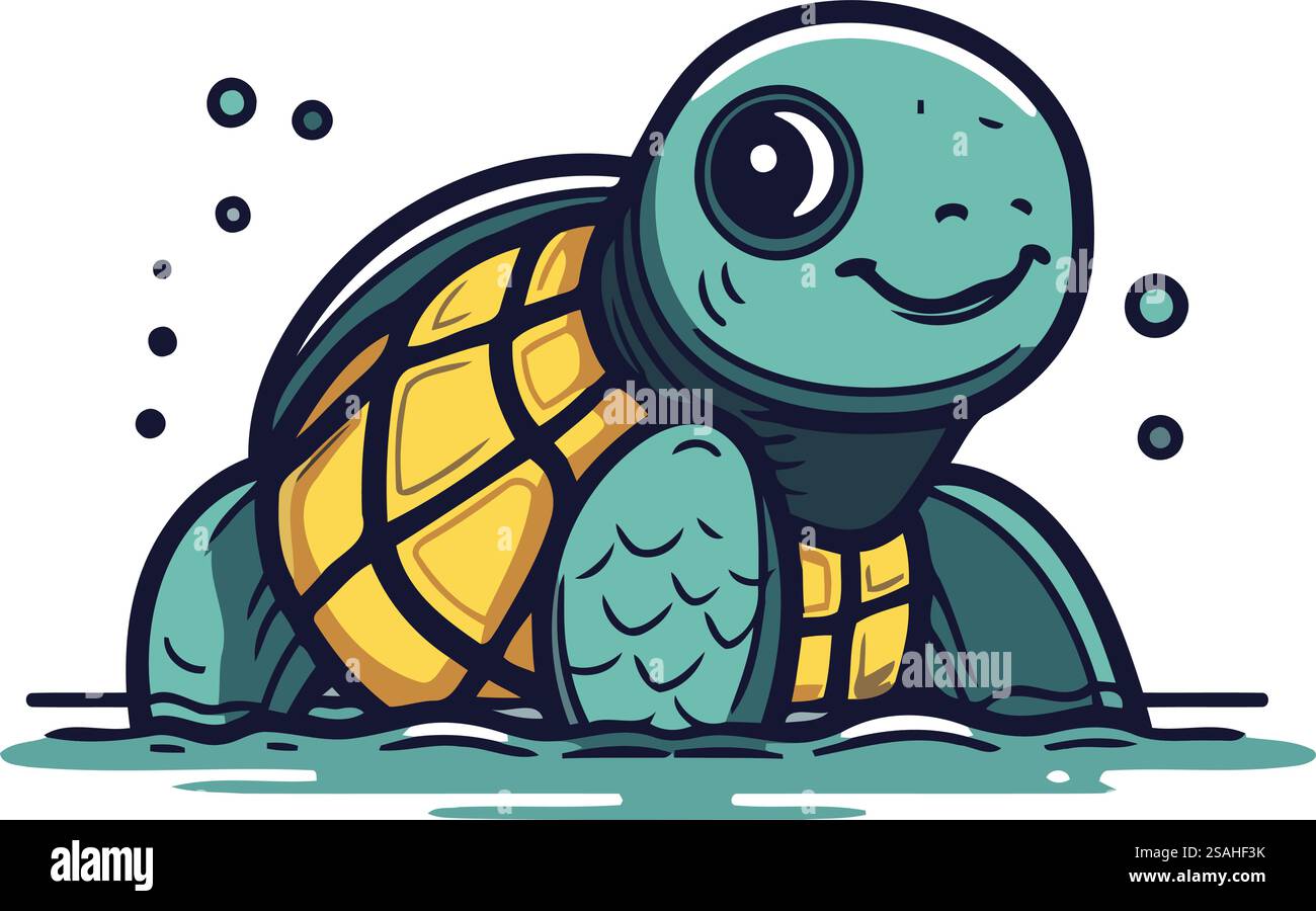 Graziosa tartaruga da cartoni animati che nuota nel mare. Illustrazione vettoriale isolata su sfondo bianco. Illustrazione Vettoriale
