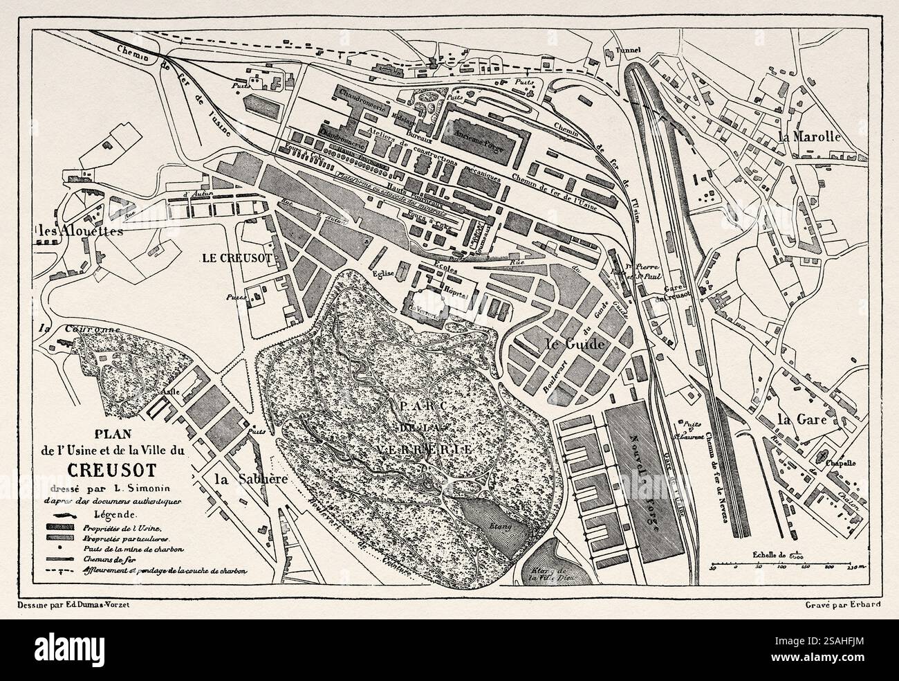 Vecchia mappa della fabbrica e della città di Creusot, Francia. Europa. Le Creusot et les Mines de Saone-et-Loire, 1865 di Louis Laurent Simonin (1830-1886) le Tour du Monde 1867 Foto Stock