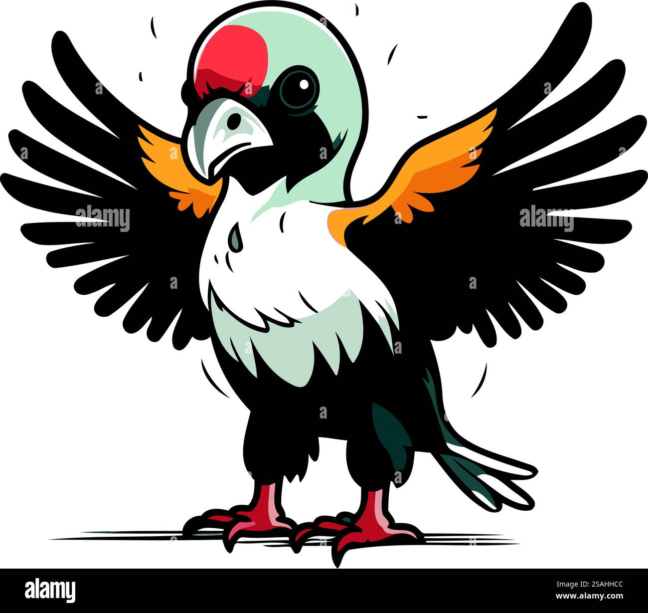 Immagine vettoriale in bianco e nero di un pappagallo con ali aperte. Illustrazione Vettoriale