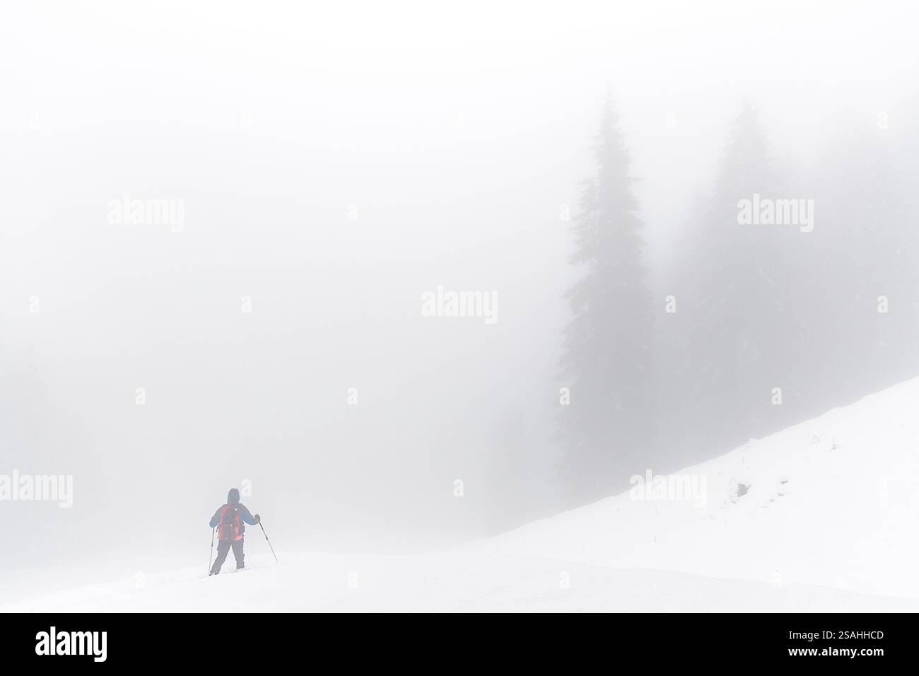 Escursionista avvolto da nebbie in montagna, Val Brembana, Lombardia, Italia Foto Stock