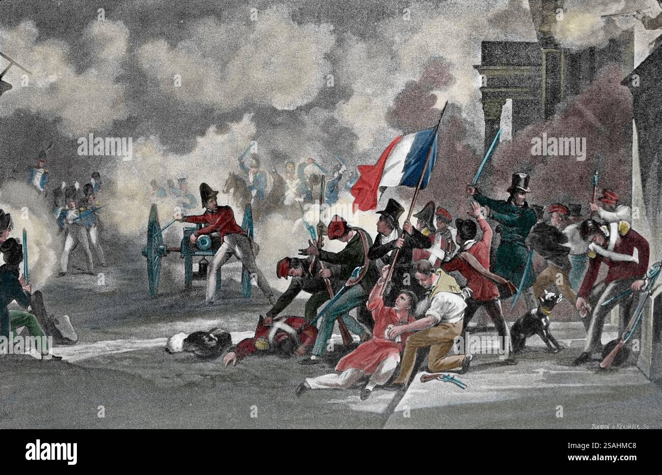 Francia. Parigi. 1830 Rivoluzione. Giardini reali. Gli studenti dell'Ecole Polytechnique catturano un canone. Incisione di Martinet. diciannovesimo. Foto Stock