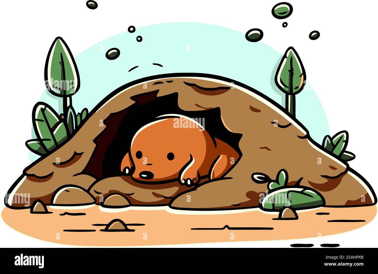 Illustrazione vettoriale di un orso bruno in una grotta. Carino stile cartoni animati. Illustrazione Vettoriale