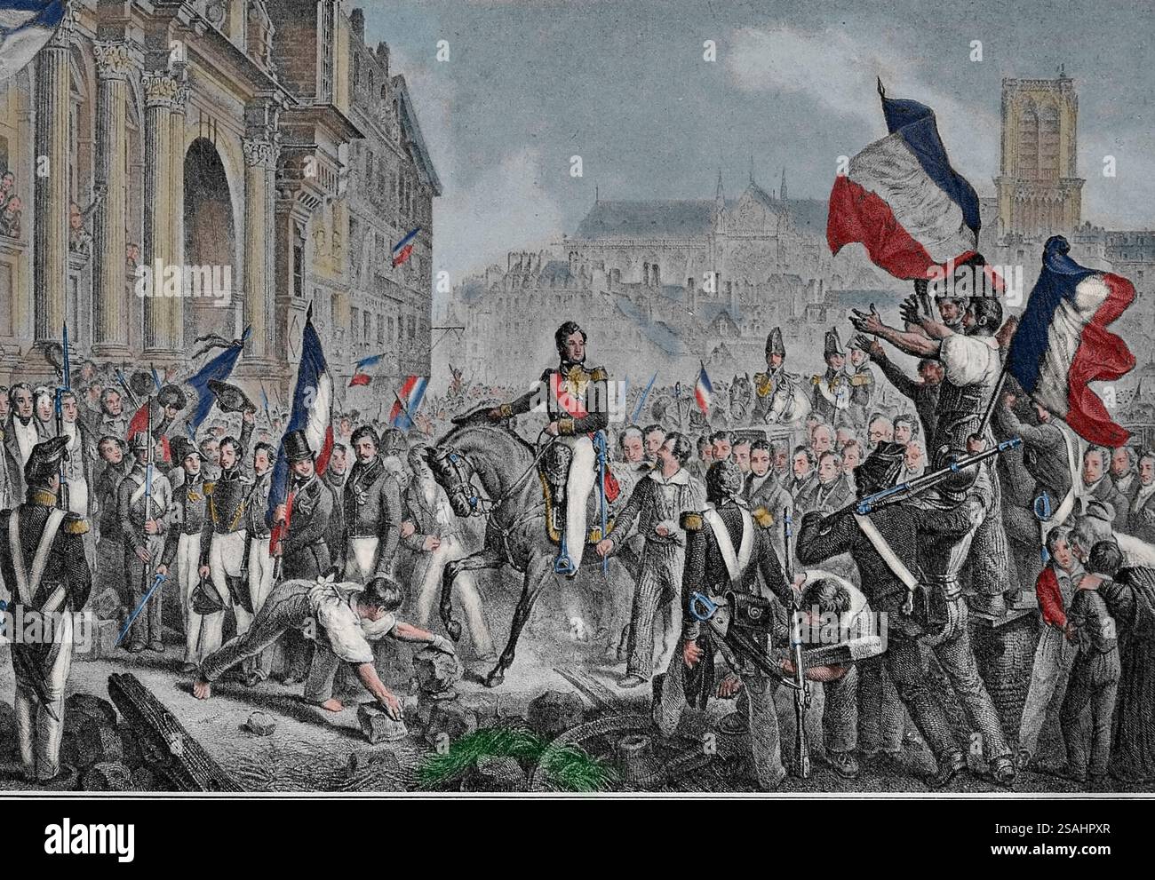 Francia. Parigi. 1830 Rivoluzione. Il duca di Orleans in Twon Hall Square. Incisione di Nargeot. Journées Révolutionnaires, 1830-1848, París, 1897 Foto Stock