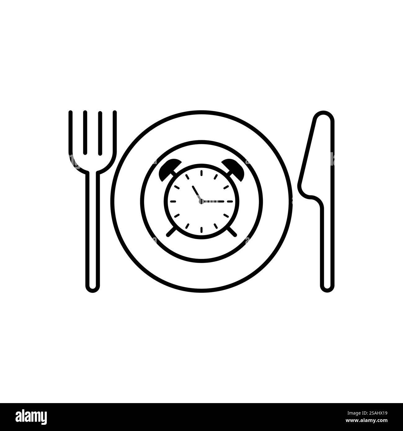 icona time eat lunch, ora di cibo sano, concetto di dieta veloce, pausa pasto, orologio con coltello a forchetta, simbolo linea sottile su sfondo bianco - tratto modificabile v Illustrazione Vettoriale