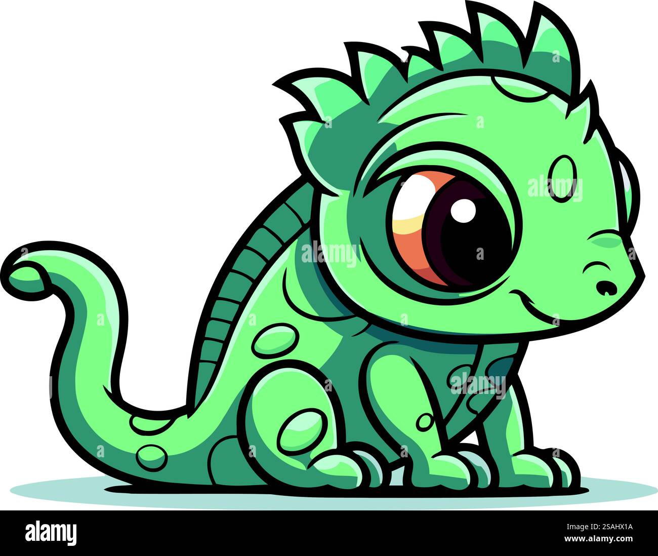 Simpatica iguana verde dei cartoni animati isolata su sfondo bianco. Illustrazione vettoriale. Illustrazione Vettoriale