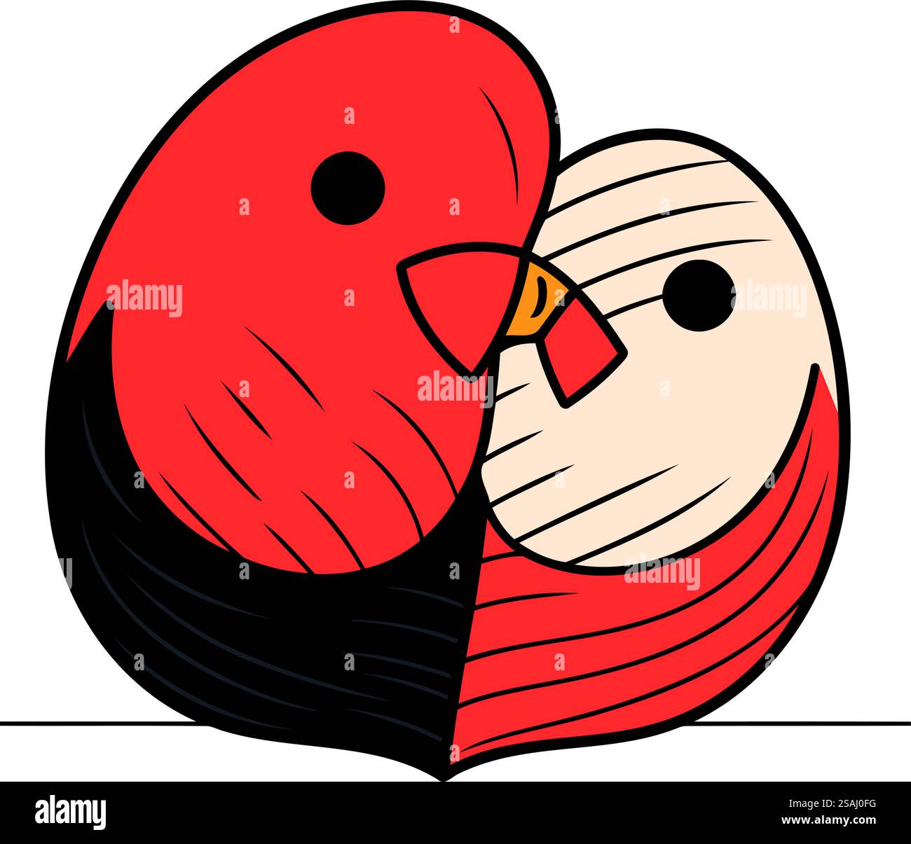 Illustrazione vettoriale di due graziosi uccelli rossi innamorati su sfondo bianco. Illustrazione Vettoriale