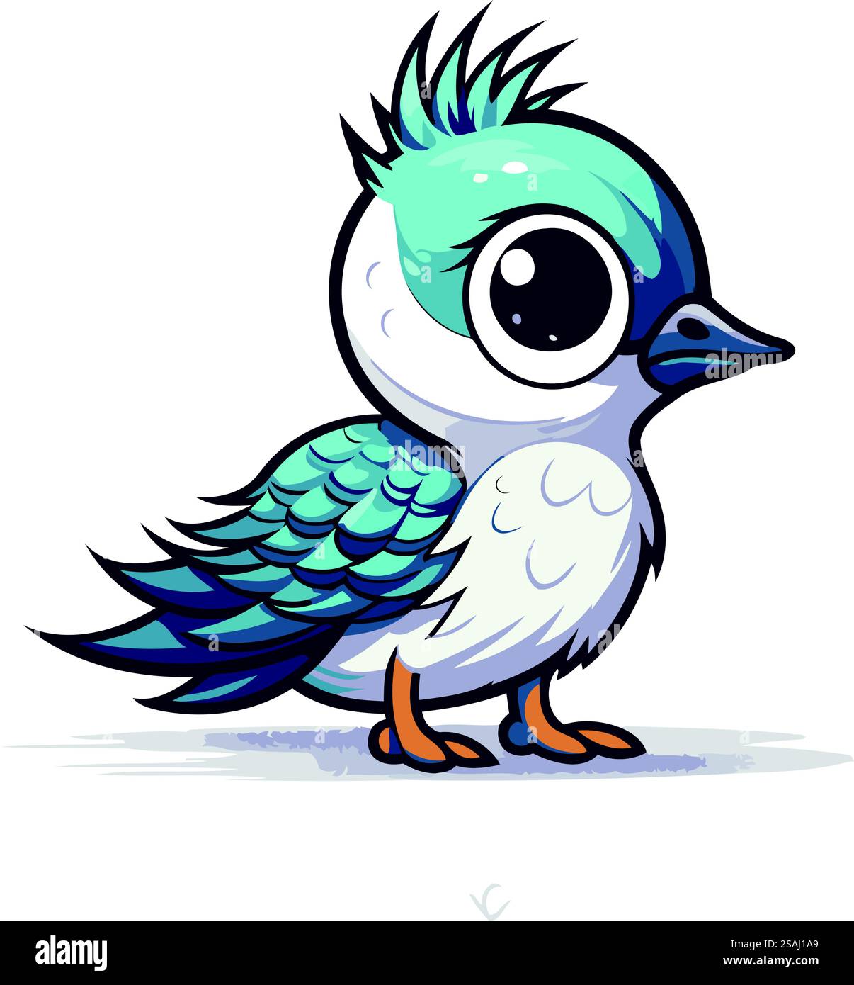 Immagine vettoriale di un simpatico uccello blu dei cartoni animati su sfondo bianco. Illustrazione Vettoriale