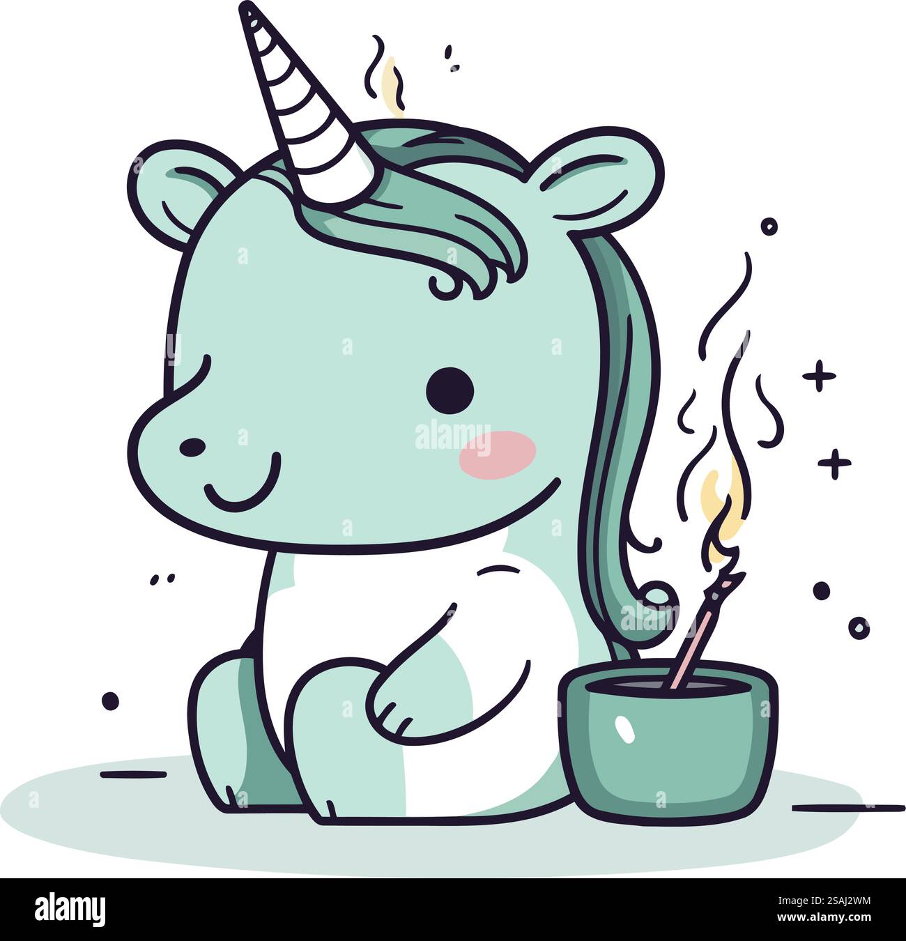 Carino unicorno cartoni animati con candela. Illustrazione vettoriale per il progetto. Illustrazione Vettoriale