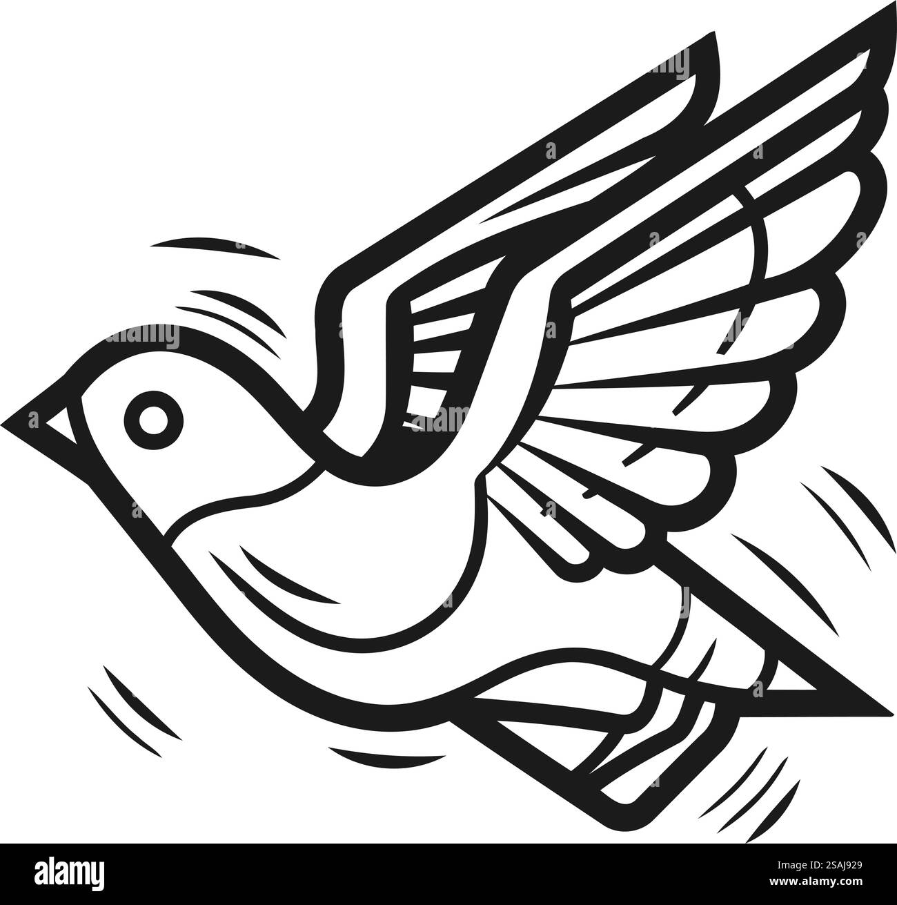 Uccello con ali isolate su sfondo bianco. Illustrazione vettoriale in bianco e nero. Illustrazione Vettoriale