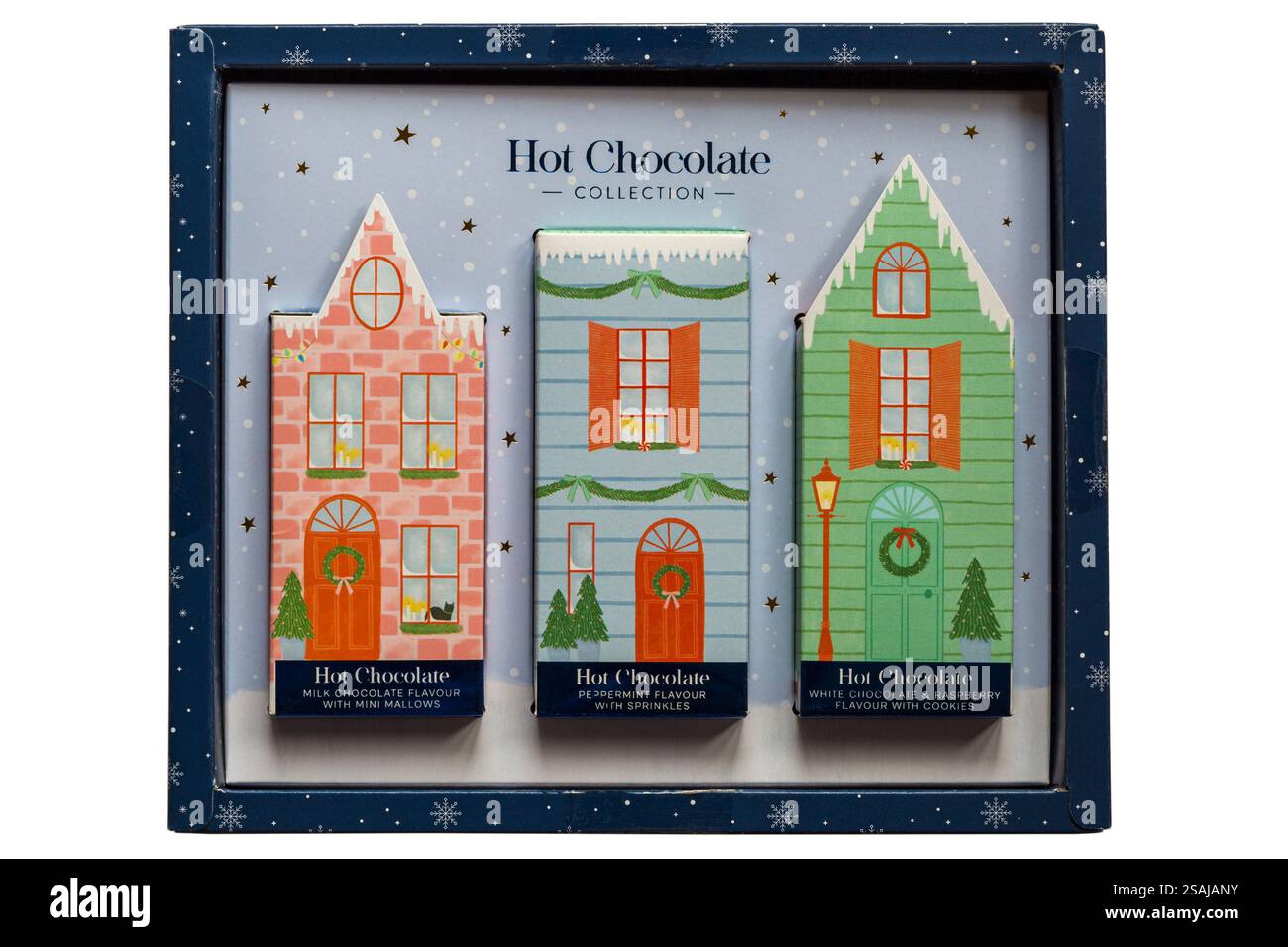 Hot Chocolate Collection isolata su sfondo bianco - la bevanda calda di cioccolata si mescola con mini mallow, sprinkles e biscotti Foto Stock