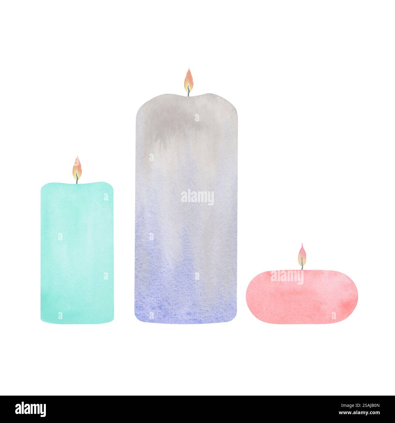 Set di illustrazioni di candele realizzate con tecnica acquerello. Elementi isolati in colori pastello per il design. Texture acquerello pittorico Foto Stock