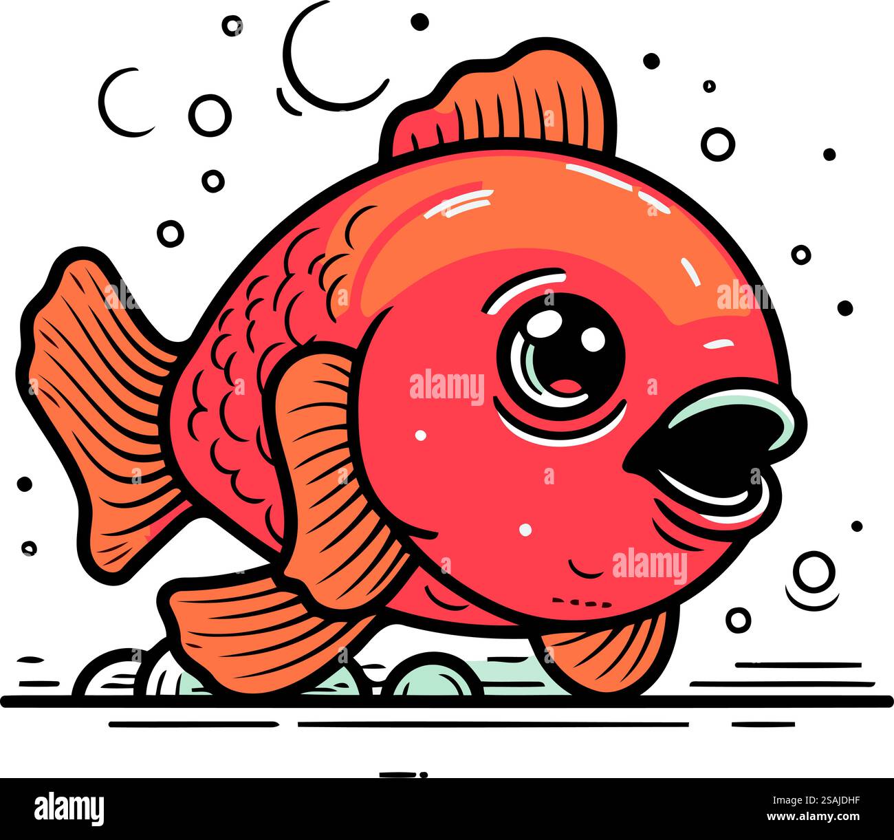 Carino pesce rosso in riva al mare. Illustrazione vettoriale. Illustrazione Vettoriale