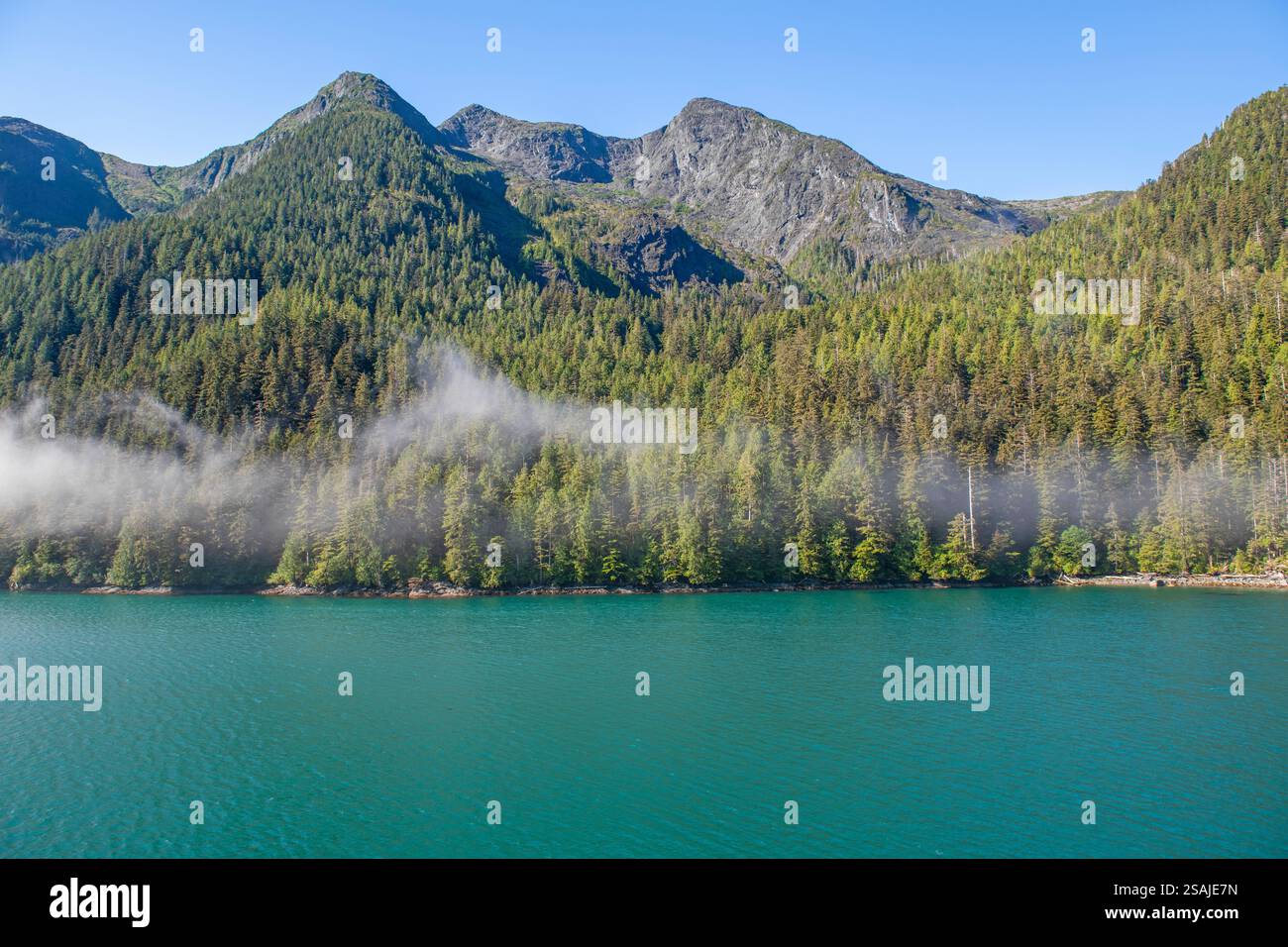 Paesaggio di Misty Sunrise lungo la crociera Inside Passage nella British Columbia, Canada. Foto Stock