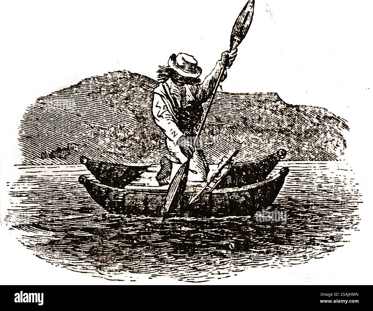 Un'illustrazione del XIX secolo di un peschereccio costiero del Pacifico e di un lago interno usava trasportare un solo pescatore (anche se le navi più grandi erano state costruite in modo simile). . Era conosciuta come Balsa ed era costruita con canne intrecciate del bulrush di totora. Era usato anticamente da varie civiltà sudamericane precolombiane, ma è ancora in uso in Sud America oggi. Foto Stock