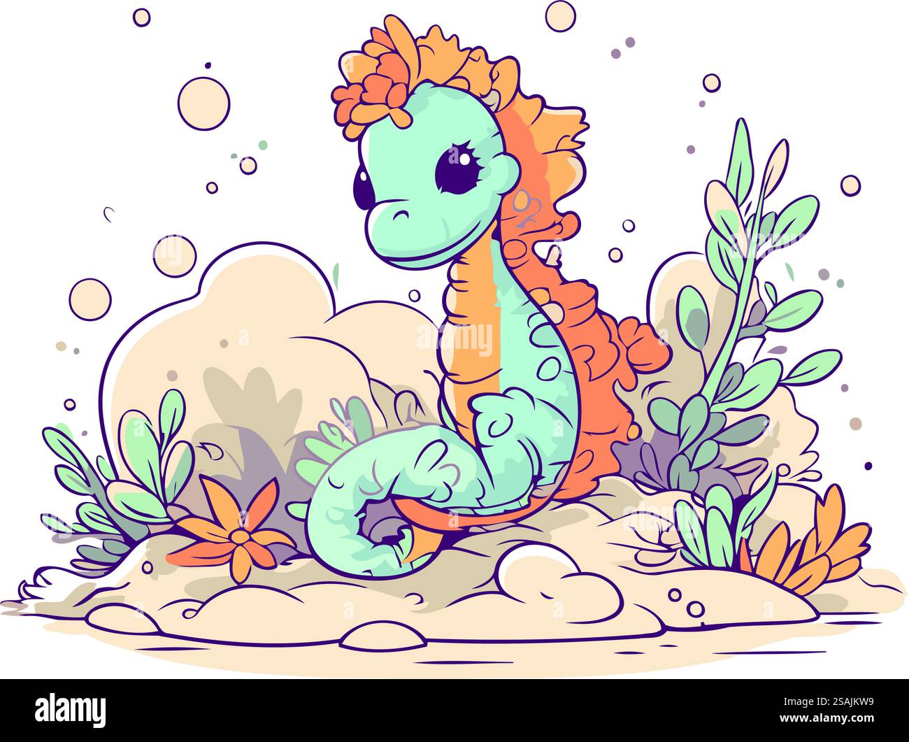 Adorabile dinosauro da cartoni animati seduto sulla sabbia con fiori. Illustrazione vettoriale. Illustrazione Vettoriale