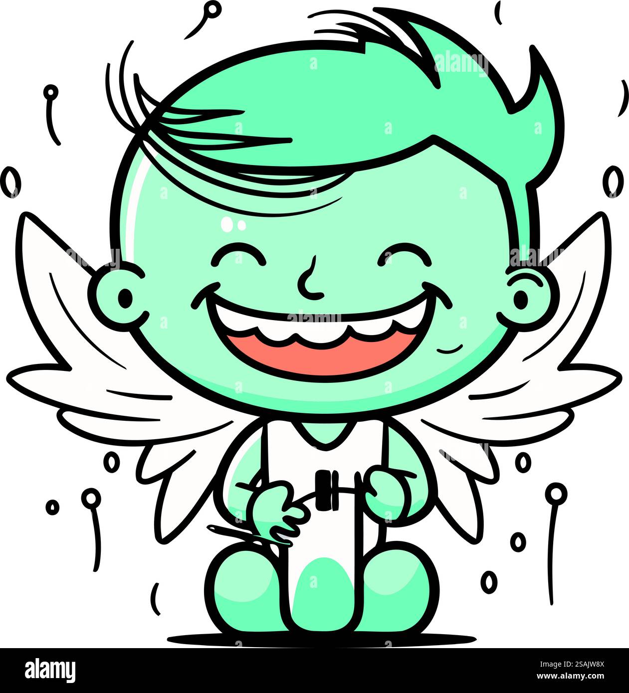 Carino ragazzo dei cartoni animati con ali d'angelo che tiene un libro. Illustrazione vettoriale. Illustrazione Vettoriale