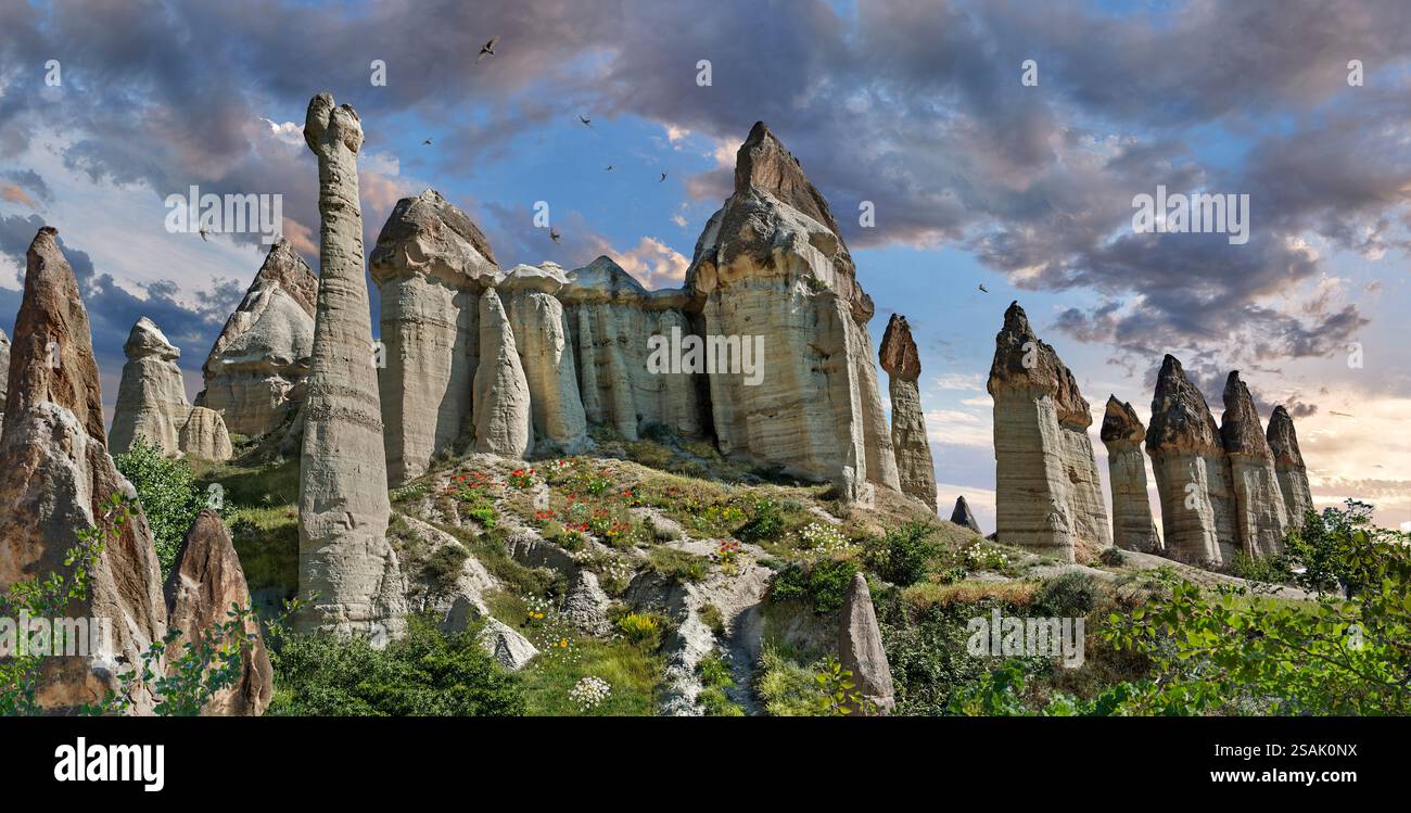Mongolfiere che volano i turisti sulle spettacolari formazioni rocciose della "Valle dell'amore", famose in tutto il mondo, all'alba, vicino a Goreme, Cappadocia, Turchia. Foto Stock