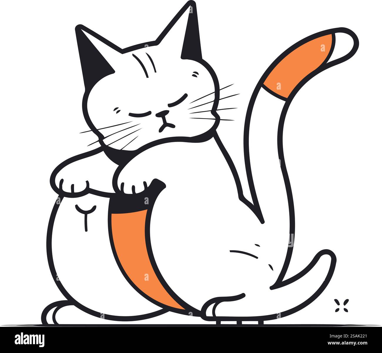 Carino gatto dei cartoni animati seduto al guinzaglio. Illustrazione vettoriale in stile lineare. Illustrazione Vettoriale