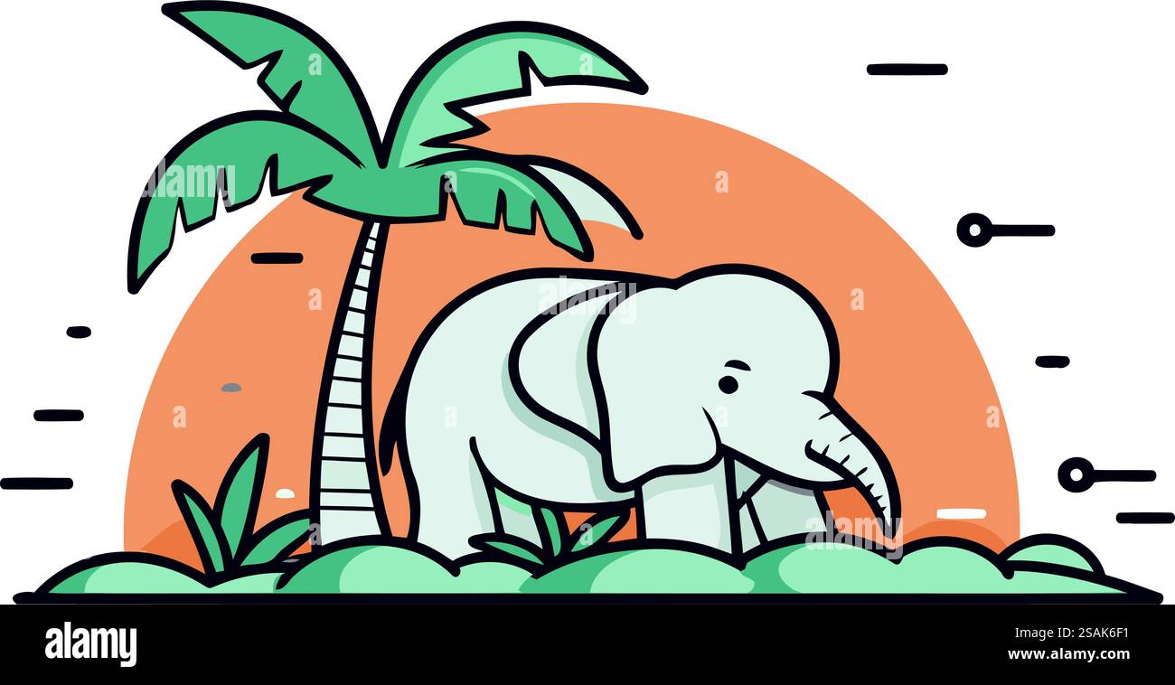 Illustrazione vettoriale di un elefante sulla spiaggia. Design piatto. Illustrazione Vettoriale