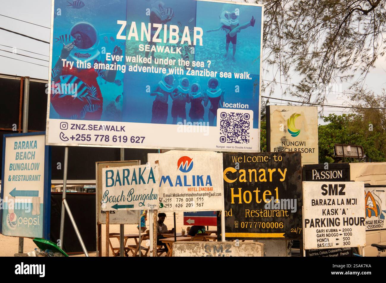 Africa Tanzania, Zanzibar, Nungwi, cartelli pubblicitari per attrazioni turistiche Foto Stock