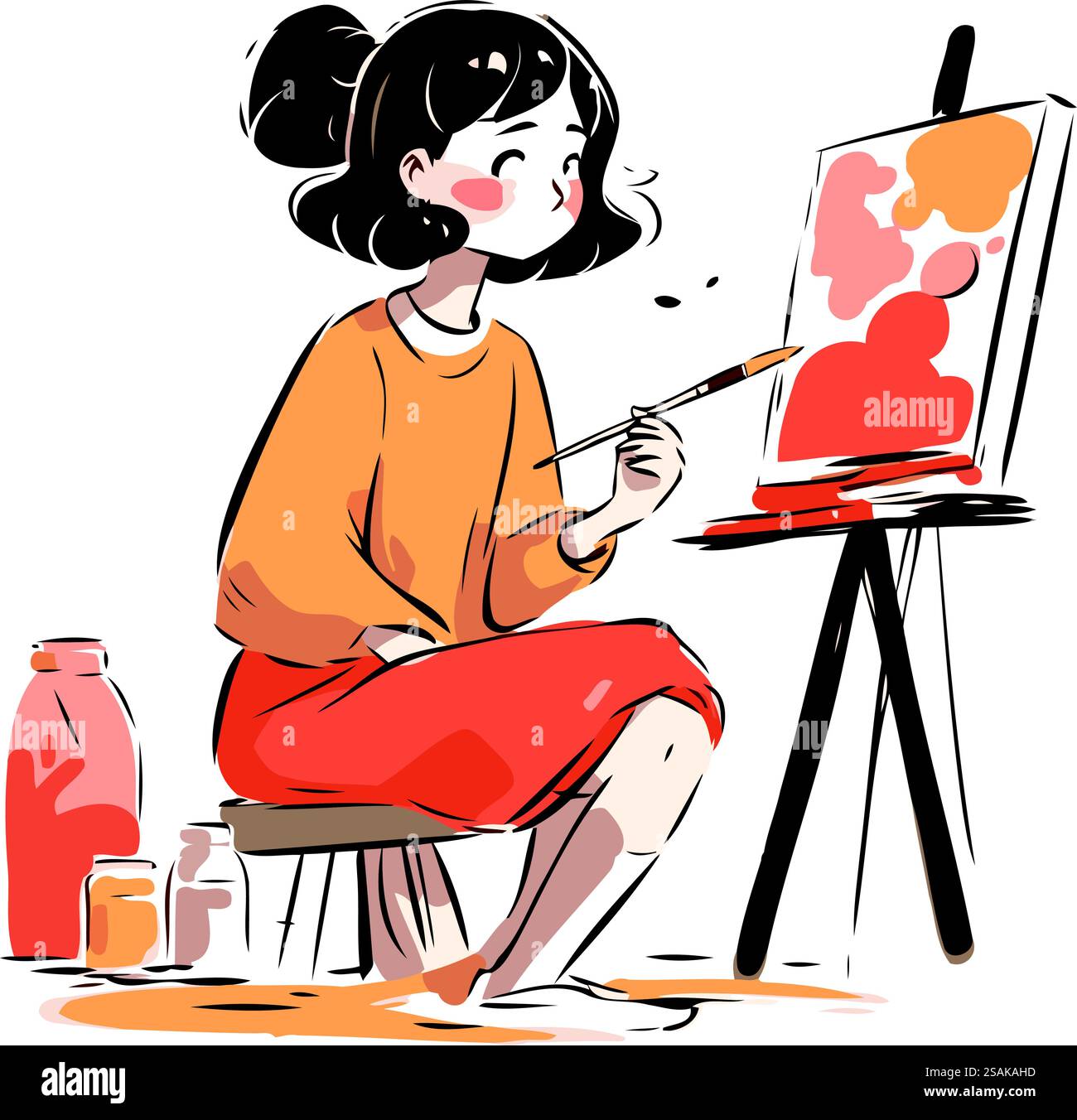 Ragazza che dipinge un quadro su cavalletto. Illustrazione vettoriale in stile cartone animato. Illustrazione Vettoriale