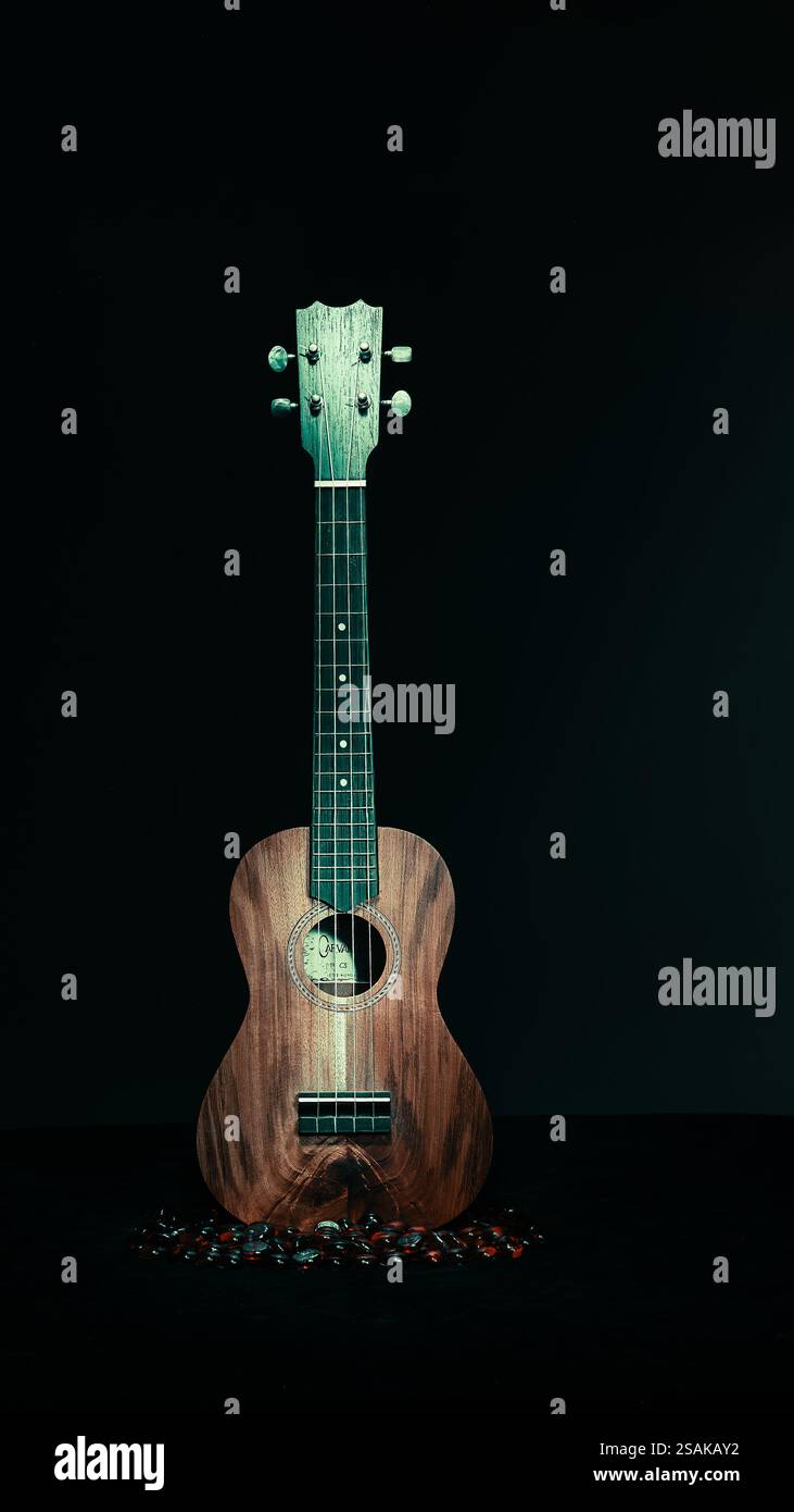 Ukulele, pittura chiara su sfondo scuro, marrone, primo piano nero e perle di vetro rosso. 2025 Foto Stock