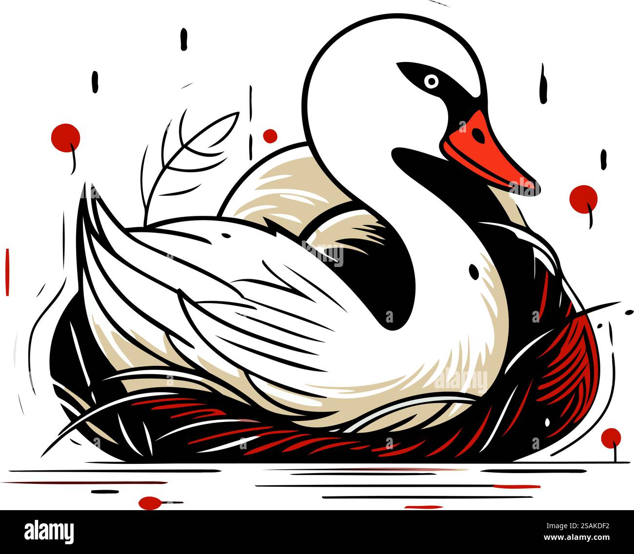 Swan sul nido. Illustrazione vettoriale. Schizzo disegnato a mano. Illustrazione Vettoriale