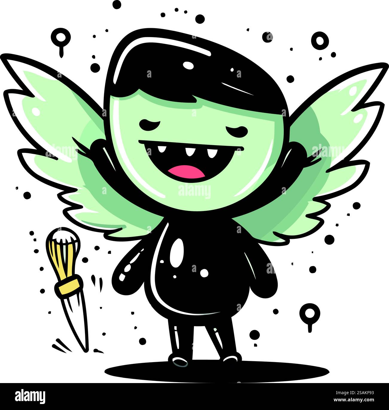 Carino angelo dei cartoni animati con ali e bacchetta magica. Illustrazione vettoriale. Illustrazione Vettoriale