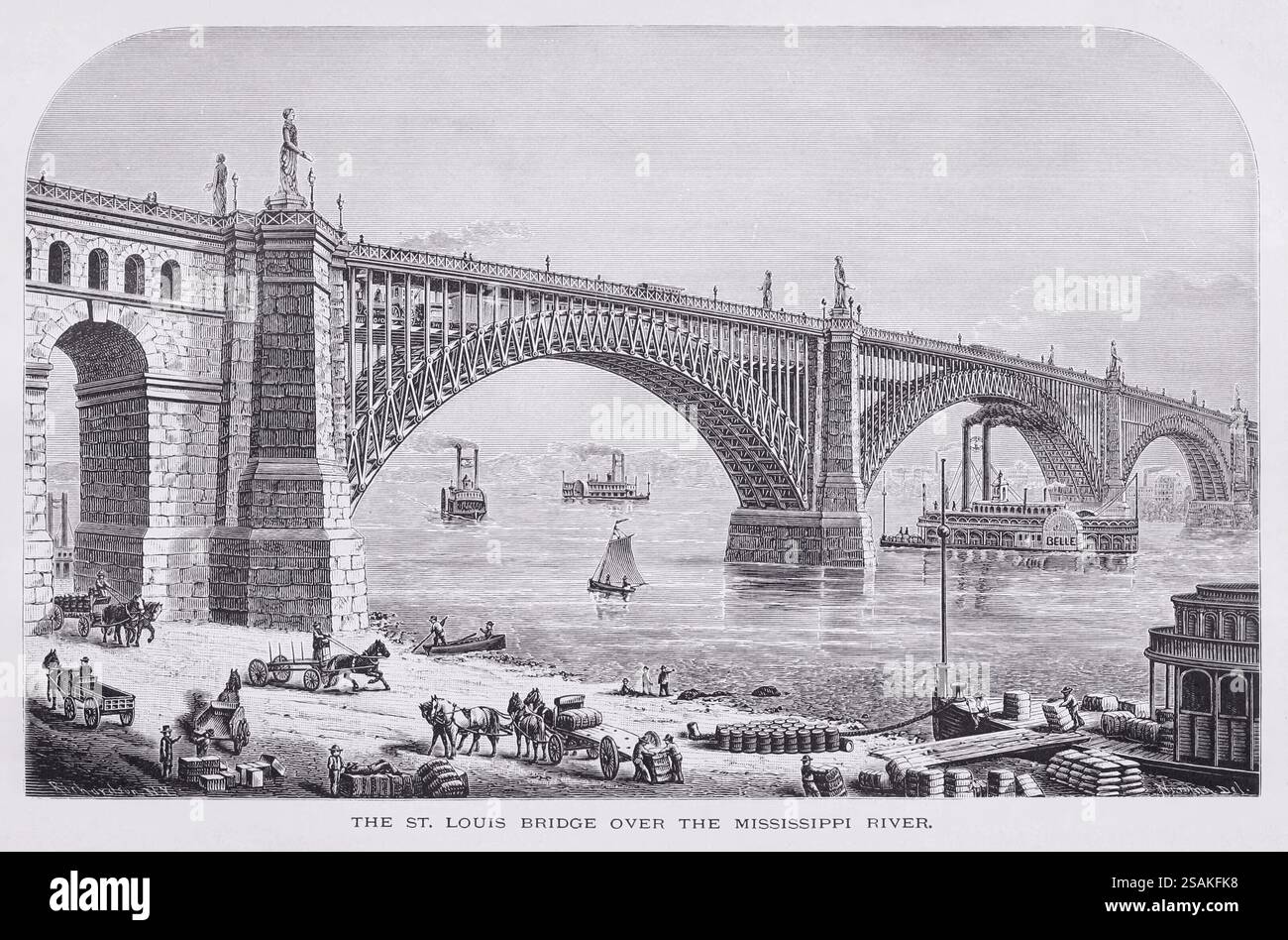 Illustrazione da Appletons' cyclopedia of Applied Mechanics, vol. 2, pubblicato nel 1880 a New York da D. Appleton & Company. Vista del ponte Eads e del lungofiume del Mississippi, vista da St. Louis, che mostra la banca affollata con carri trainati da cavalli e battelli a vapore sull'acqua. EADS Bridge è un ponte ad arco che collega St. Louis, Missouri, e East St. Louis, Illinois, sia su strada che su ferrovia. Foto Stock