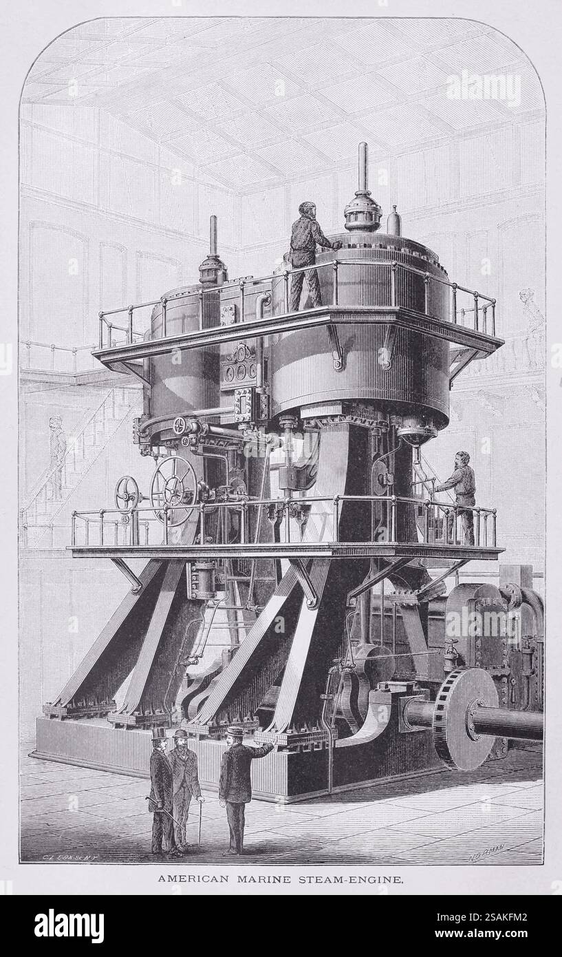 Illustrazione da Appletons' cyclopedia of Applied Mechanics, vol. 2, pubblicato nel 1880 a New York da D. Appleton & Company. Vista prospettica di un motore a vapore composto di un design utilizzato nei vaporizzatori oceanici. Foto Stock