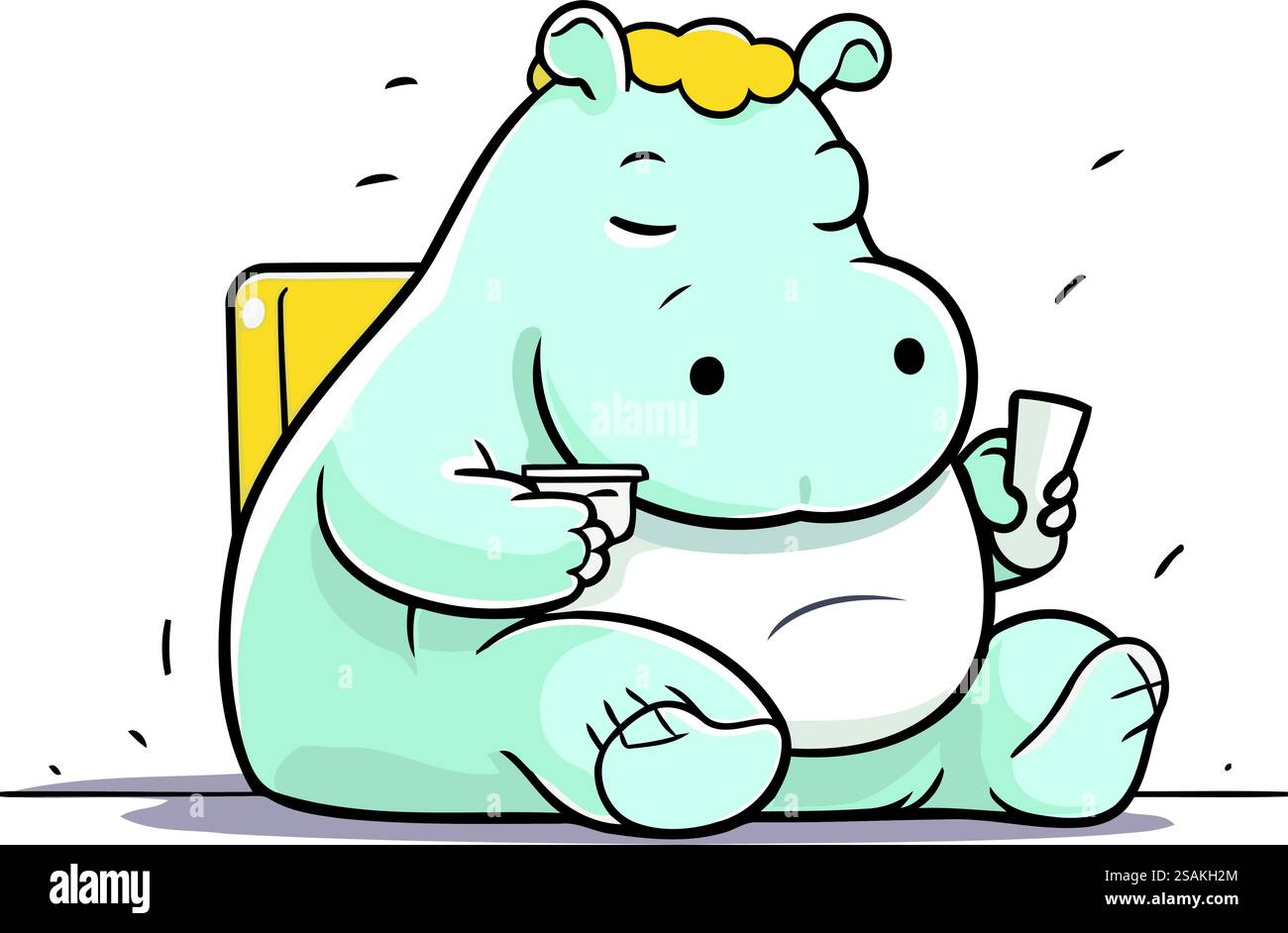 Simpatico ippopotamo con una tazza di caffè. Illustrazione vettoriale. Illustrazione Vettoriale