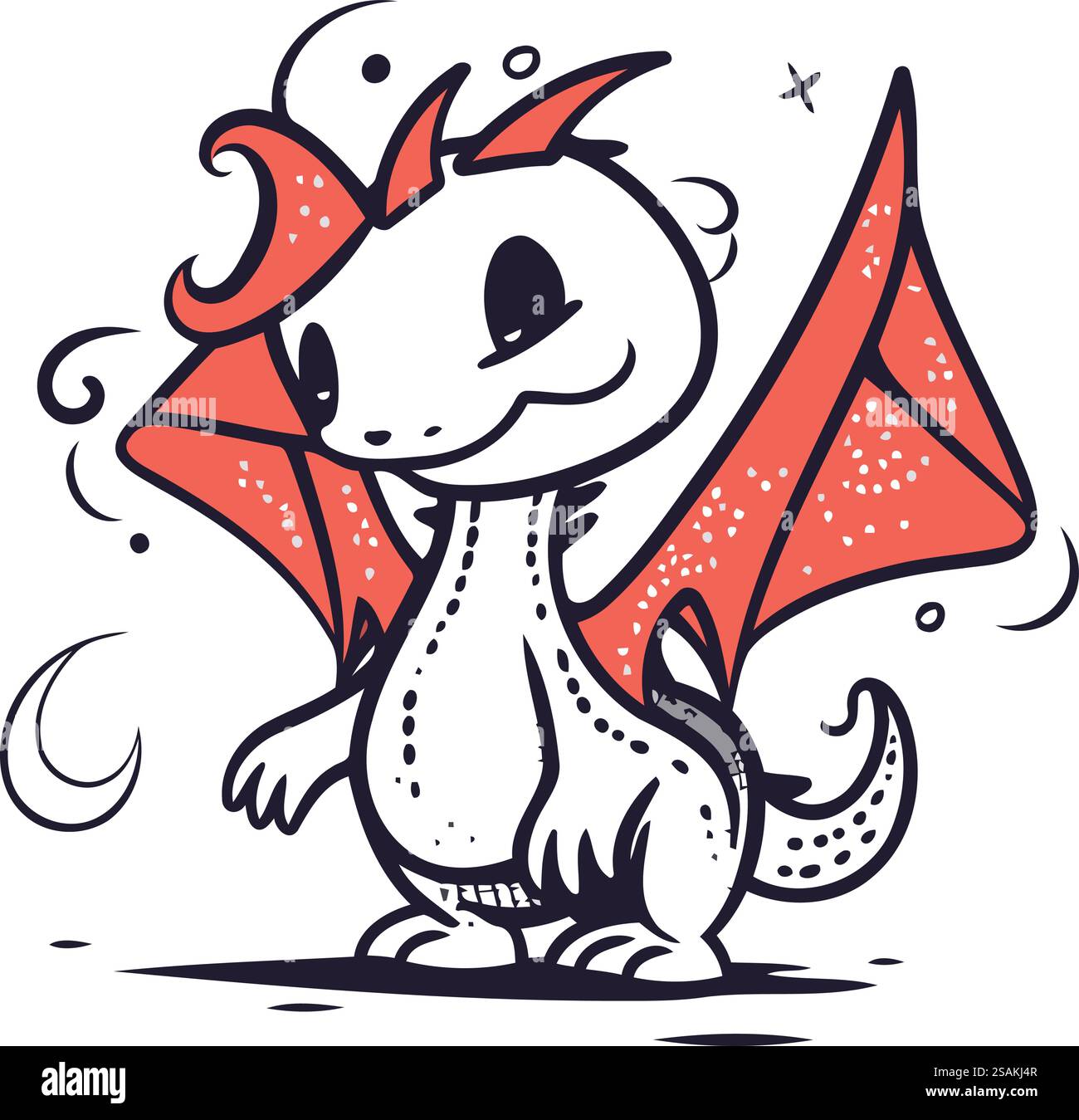 Carino drago dei cartoni animati con ali rosse. Illustrazione vettoriale isolata su sfondo bianco. Illustrazione Vettoriale