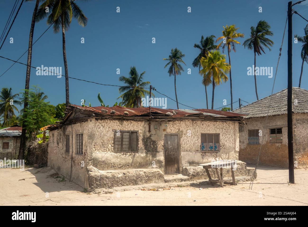 Africa Tanzania, Zanzibar, costa orientale, Pingwe, casa di villaggio con ferro ondulato, tetto in lamiera Foto Stock