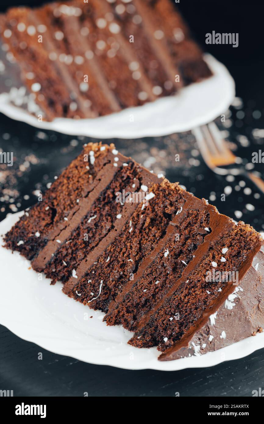 Primo piano di una fetta di ricca torta al caffè al cioccolato su un piatto bianco, con strati umidi e cremosa glassa al cioccolato Foto Stock