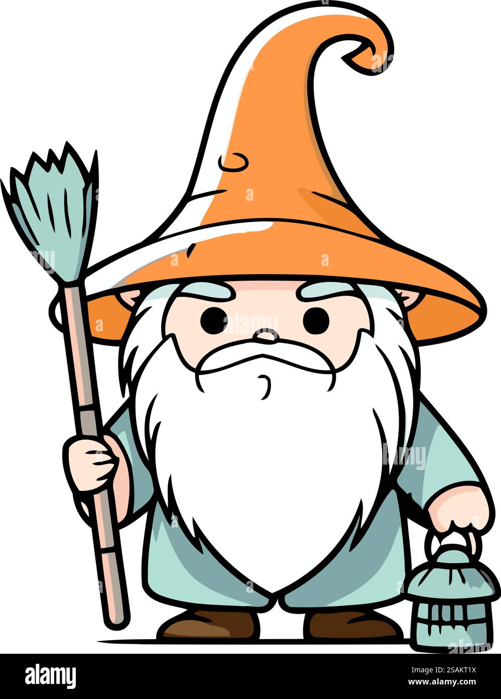 Mago con una scopa e una lampada. Illustrazione vettoriale dei cartoni animati. Illustrazione Vettoriale