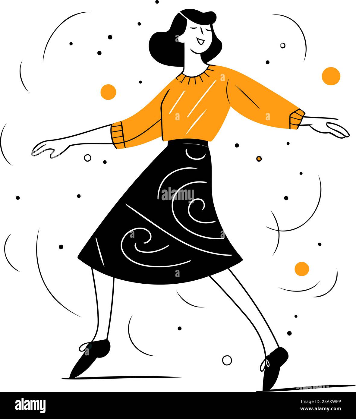 Ragazza alla moda che danza. Illustrazione vettoriale in stile piatto. Stile disegnato a mano. Illustrazione Vettoriale
