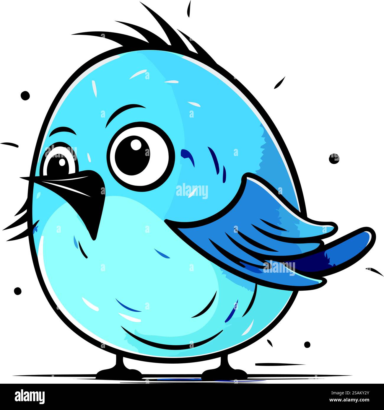 Carino uccello blu dei cartoni animati con faccia divertente. Illustrazione vettoriale isolata su sfondo bianco. Illustrazione Vettoriale