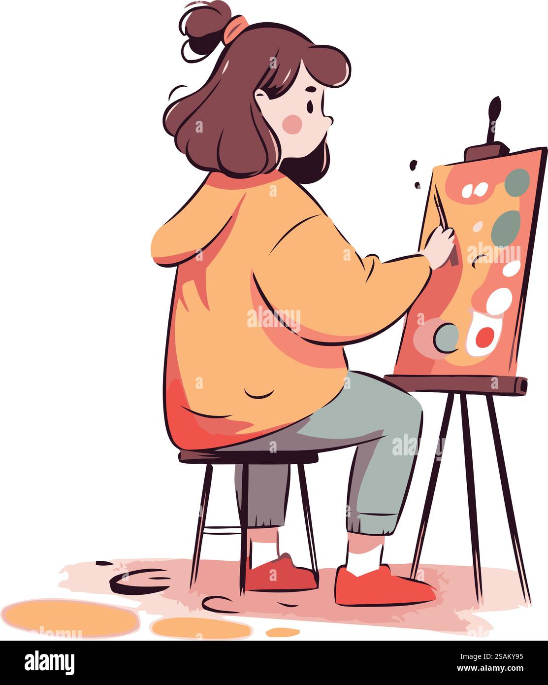 Ragazza che dipinge un quadro su cavalletto. Illustrazione vettoriale in stile cartone animato Illustrazione Vettoriale